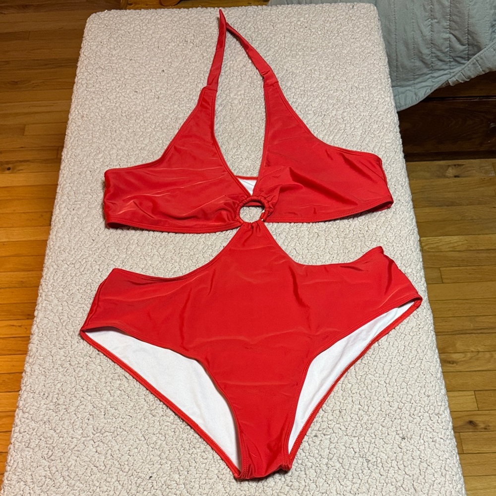 Red Halter Cutout One-Piece Swimsuit